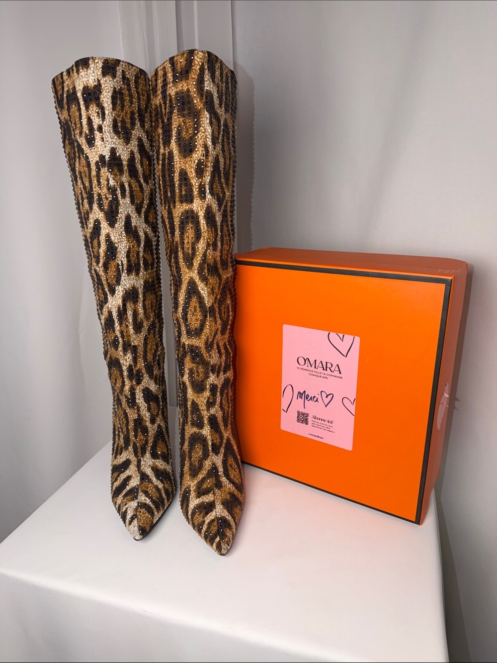 O’MARA The Sahara Leopard Print Knee High Boots Size 38 US 7.5 NIB